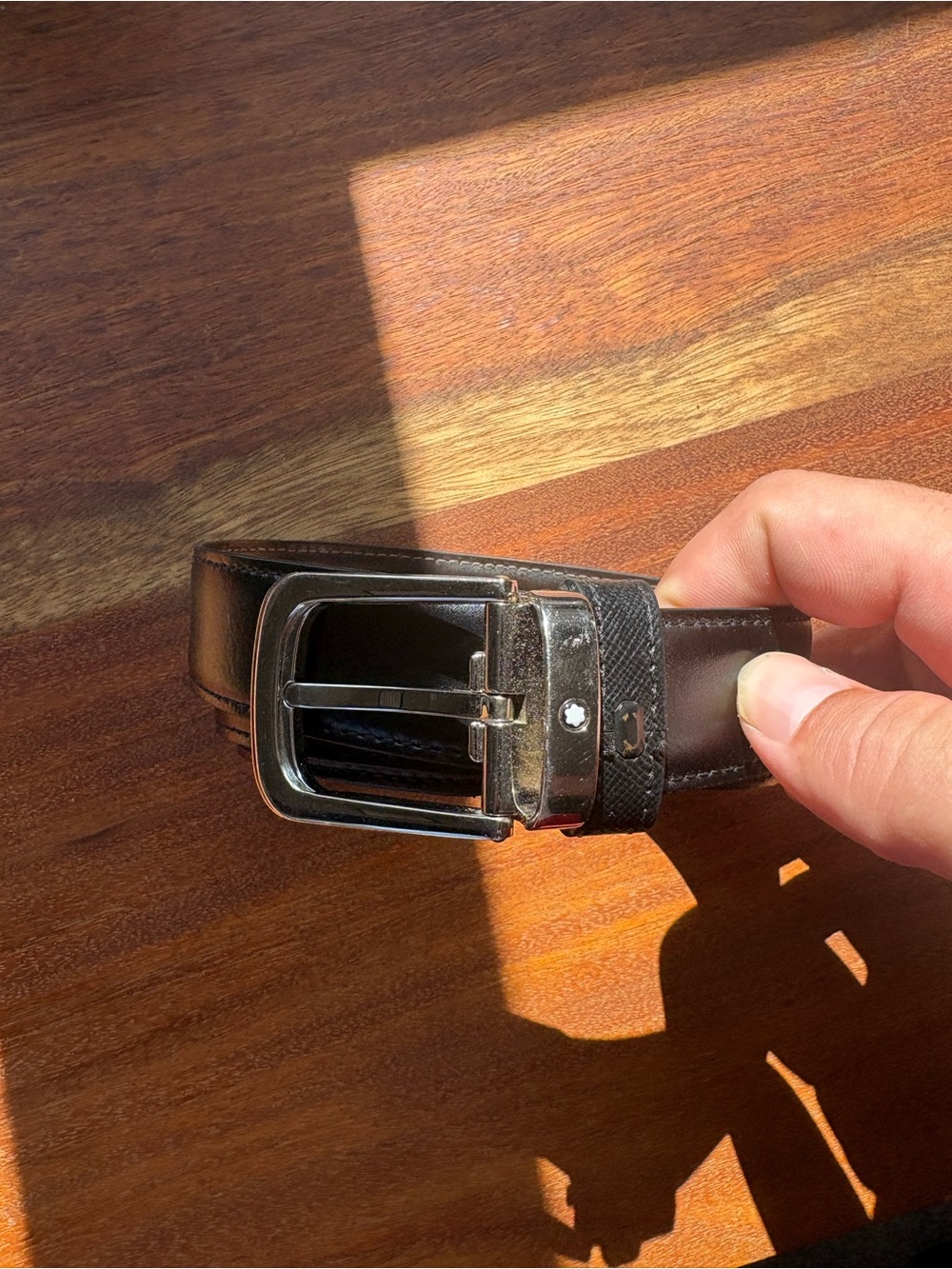 Mont-Blanc Men's Black Leather Belt with Silver Buckle